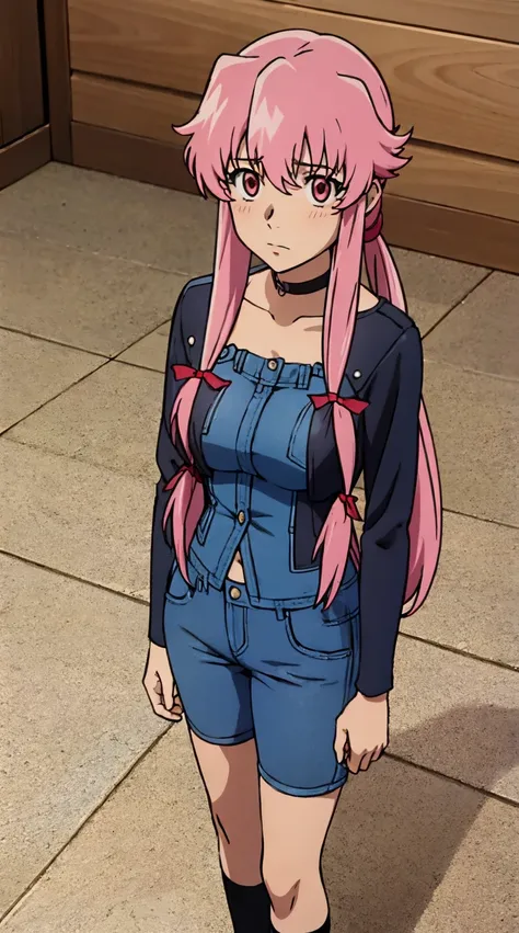 anime_still, masterpiece, best quality, 1girl, Gasai Yuno,large breasts, pink hair, long hair, solo, sitting, tiles, looking at viewer, low twintails, wearing a black choker, wearing a black leather jacket, wearing blue jeans, red eyes, ((yandere)),