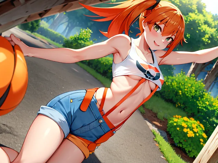 masterpiece, best quality, highres, 1boy, misty (pokémon), orange hair, solo, shorts, suspenders, side ponytail, orange hair, midriff, yellow loose crop top, navel, short hair, denim, denim shorts, smile, cowboy shot, outdoors, (((Under Boob))), small brea...