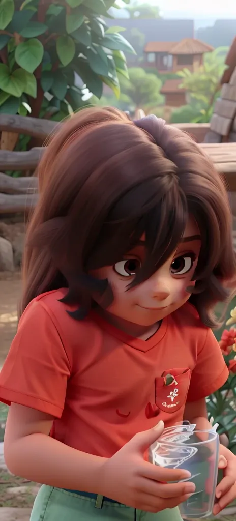 a child with long hair in a red shirt, plano de fundo com plantas, em dia de sol, estilo disney pixar alta qualidade