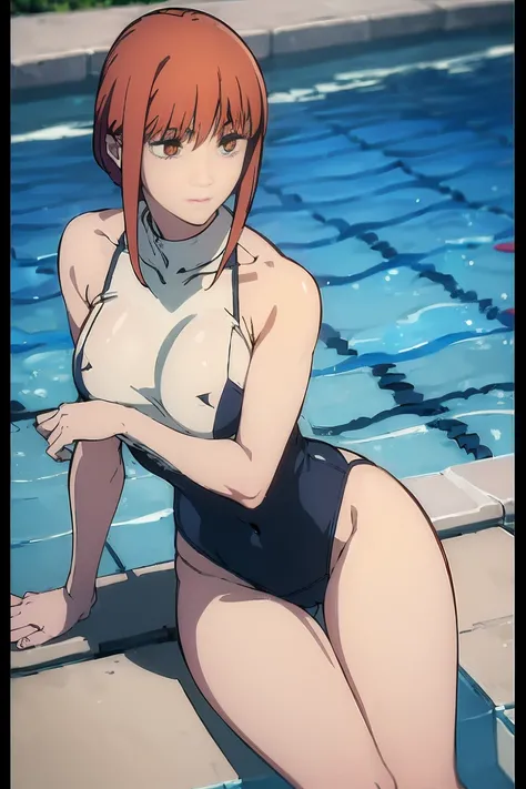 ((Best Quality, 8K, ultra-detailed, Masterpiece: 1.3)), 1girl, shiny skin, sharp, Perfect Body Beauty, realistic shaded perfect body, ("school swim suit, transparent_":1.2),big_breasts ,(dynamic pose:1.1), thigh , cute , pool side, red hair, orange eyes