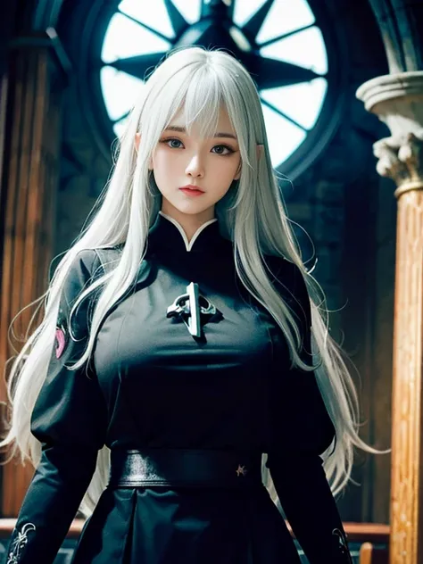 (good  body:1.5),(cyan eyes:1.2), (bangs:1.2), (long hair:1.3), 1girl, (white hair:1.3), (huge boobs:1.4),(majestic black priests clothes:1.5) (detailed dark church :1.5),extremely detailed CG unity 8k wallpaper,