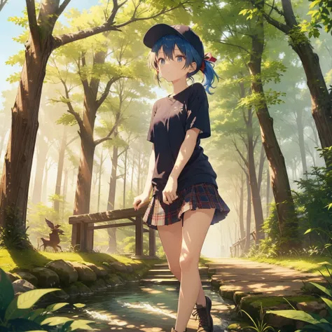 Red-blonde、blue hair、blue eyeraid、ponytail、one good looking girl、solo、anime、Plaid miniskirt、black t-shirt、camisole、forest、walking、Wearing a plaid baseball cap、Tilting your face、log bridge、Doing the ribbon、sunset sky、wearing headphones、stone bridge、Stone st...