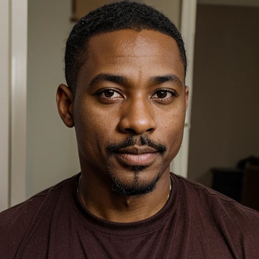 44 year old handsome black african american man, very short hair, mustache & goatee 