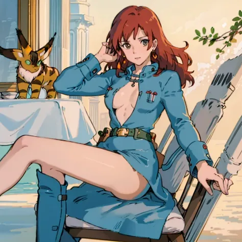 masterpiece, high quality, 1 girl,, (masterpiece:1.4), (best qual:1.4), (High resolution:1.4), 1 girl, redhead, brown eyes, Cumming face､Nausicaa, sit on a chair, No panties, high boot, colorful, whole body, ghibli style, software,  spread your legs and ma...