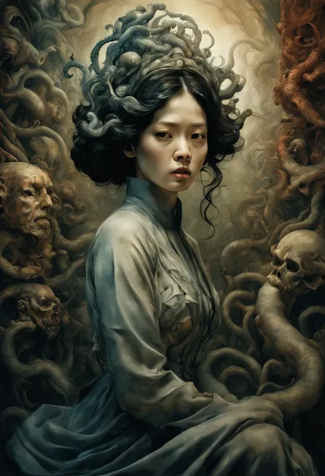 korean women, maze of heaven by style of Guillermo del Toro, Adrian Donoghue, Alberto Seveso, Anna Dittmann, Arthur Rackham, Giger, centered,, highly detailed, extremely detailed, delicate detail, crisp quality, ultra realistic, hyperrealistic, award jenny...