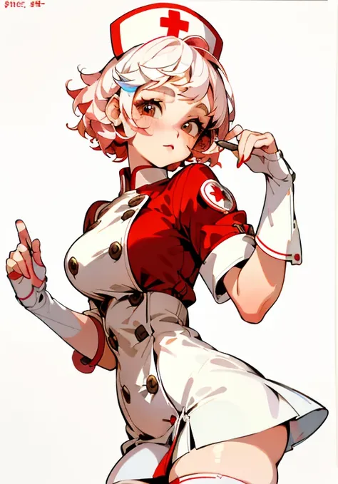 1 girl, cutie, finely detailed, (Best quality), (complex parts), cute style, Change, nurse style, colorful, ((short white curly hair)), Best quality, ((short dress with buttons)), ((white and red nurse clothes)), ((thigh high socks)), ((round beautiful fac...