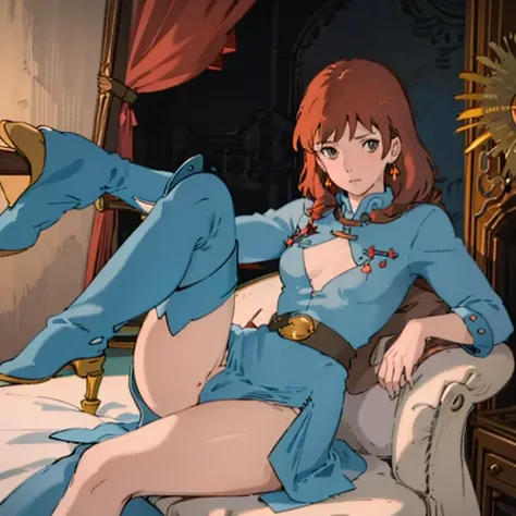 masterpiece, high quality, 1 girl,, (masterpiece:1.4), (best qual:1.4), (High resolution:1.4), 1 girl, redhead, brown eyes, Cumming face､Nausicaa, sit on a chair, No panties, high boot, colorful, whole body, ghibli style, software,  spread your legs and ma...