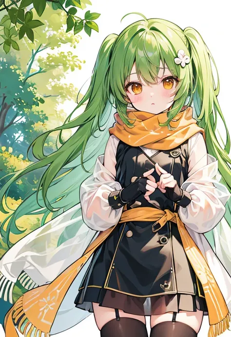 (pixiv masterpiece),Best quality,1 girl,Cute,kawaii,flat chest,green hair,Orange eyes,Clover hair decoration,long hair,wild hair,dirty hair,sweater,translucent coat,fingerless gloves,Closed hands,hosiery,whole body,see-through hosiery,scarf,