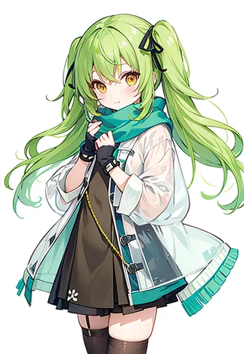 (pixiv masterpiece),Best quality,1 girl,Cute,kawaii,flat chest,green hair,Orange eyes,Clover hair decoration,long hair,wild hair,dirty hair,sweater,translucent coat,fingerless gloves,Closed hands,hosiery,whole body,see-through hosiery,scarf,