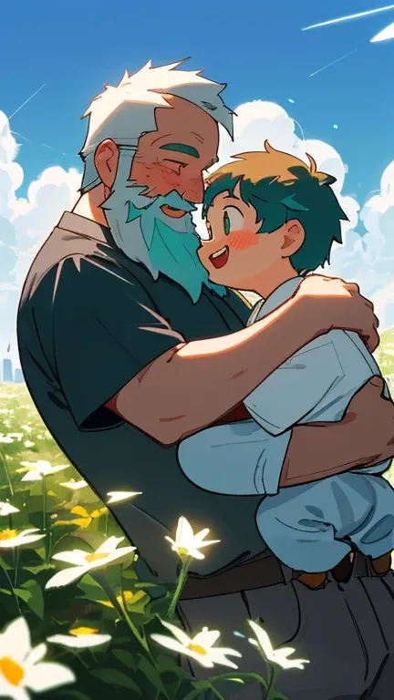 Make a poster illustration, Flat illustration, (((Father&#39;s Day))), (((father and son))), Father with a beard, shirt, Clear facial features, smile on the face happiness, small children and middle aged father, on open air, Solar, blue sky and white cloud...