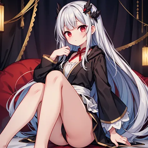 highest quality, perfect body, Delicate facial details, facial details, whole body, arm details，leg details，one human girl, alone, red eyes, droopy eyes, gray hair, straight hairstyle, pretty girl, black robe，expressionless