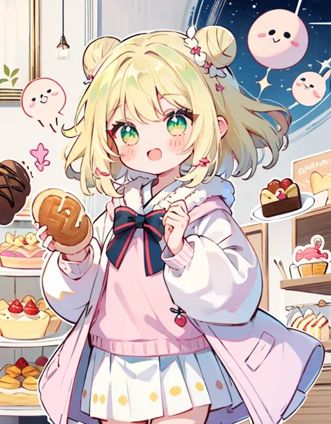 azhiichigo style，Big eyes, thick lines, Cute, 1 girl, confectionery, bakery products, thin pink and white skirt, top with coat, green eyes and blond hair, collected in a bun, happy, floating, kawaii, Cute, sparkles, magic bakery