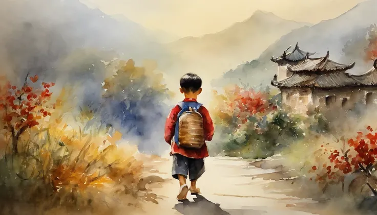 A little Chinese boy，Carrying a school bag