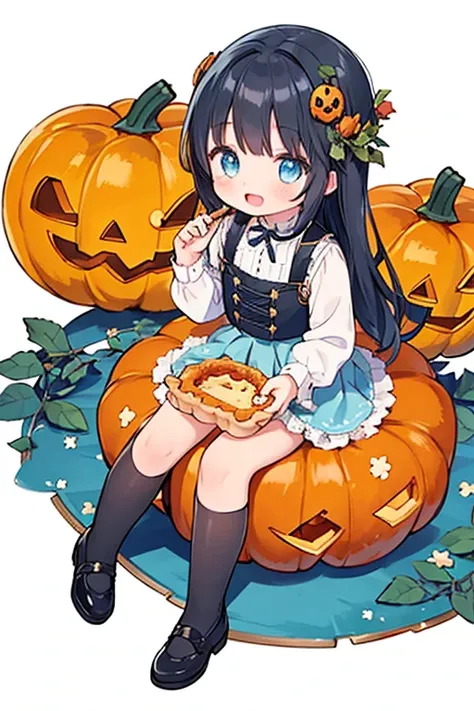 1 girl、Idol、Light blue mini skirt、steampunk costume、black hair、light blue inner color, long hair, Light blue eyes, Happy, :d, white shirt, sitting on big pumpkin tart, (pumpkin tart:1.4), pumpkin pie, many pumpkins, vines,child book,[(WHITE BACKGROUNd:1.5)...