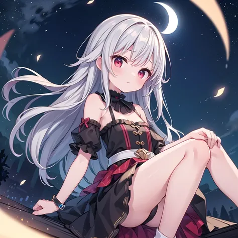 highest quality, perfect body, Delicate facial details, facial details, whole body, arm details，leg details，one human girl, alone, red eyes, droopy eyes, gray hair, straight hairstyle, pretty girl, dressed in black，No expression，night sky，midnight sky