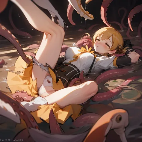 1 girl, solo, perfect anatomy, choked, tilt head, mami tomoe, masterpiece, best quality, highres, big breast, rolling eyes, tearing up, empty eyes, highlightless, moaning, :o, saliva, (skirt fluttering, white panties, torn clothes:1.3), (laying on tentacle...