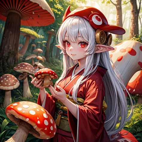 Beautiful Oni Girl wearing a Red kimono with Red eyes and white hair and a mushroom hat on her head with a forest background with mushrooms in it