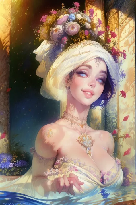 (highres, realistic:1.37), beautiful detailed eyes, beautiful detailed lips, longeyelashes, curvy figure, confident smile, elegant pose, vibrant colors, regency era, by norman lindsay, bokeh, oil painting style, soft lighting, romantic setting, blooming fl...