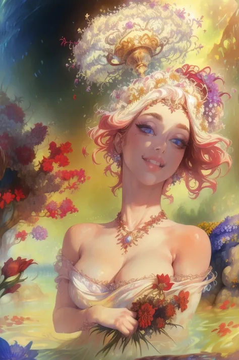 (highres, realistic:1.37), beautiful detailed eyes, beautiful detailed lips, longeyelashes, curvy figure, confident smile, elegant pose, vibrant colors, regency era, by norman lindsay, bokeh, oil painting style, soft lighting, romantic setting, blooming fl...