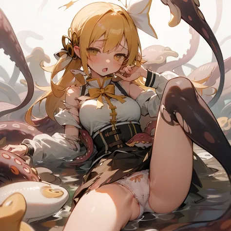 1 girl, solo, perfect anatomy, choked, tilt head, mami tomoe, masterpiece, best quality, highres, big breast, tearing up, blank eyes, moaning, :o, saliva, (skirt fluttering, white panties, torn clothes:1.3), (laying on tentacles:1.3), tearing up, dark atmo...