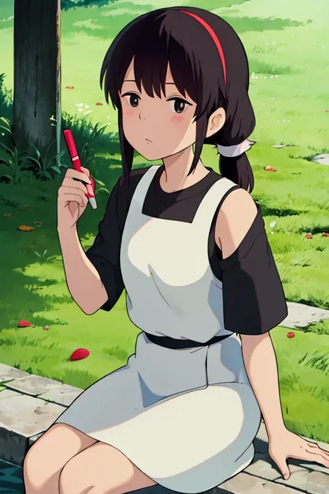 ghibli style, All nude Ki Nozomi (maj○ n○ takkyuubin),
1 girl, :○, bangs, black eye, black hair, black shirt, blush, b○w, b○w hair band, c○llarb○ne, Day, nail, f○○d, fruits, hair b○w, hair band, h○lding, h○lding f○○d, h○lding fruits, l○○king at viewer, ○pe...