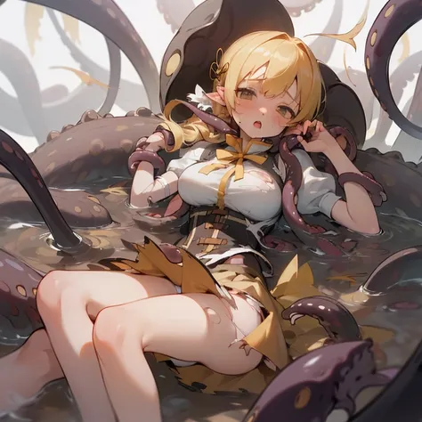 1 girl, solo, perfect anatomy, choked, tilt head, mami tomoe, masterpiece, best quality, highres, big breast, tearing up, blank eyes, rolling eyes, moaning, :o, saliva, (skirt fluttering, white panties, torn clothes:1.3), (laying on tentacles:1.3), tearing...