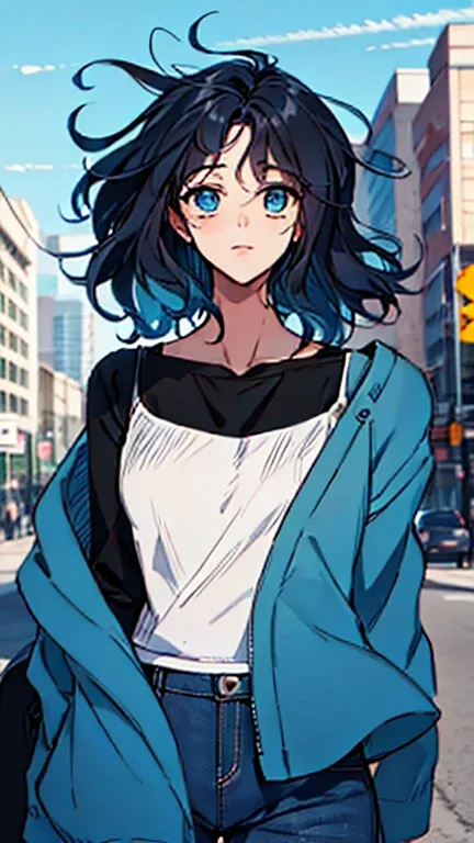 Transform sketch to anime style, woman with black hair, blue singlet, blue jacket,black jeans,with city background ,