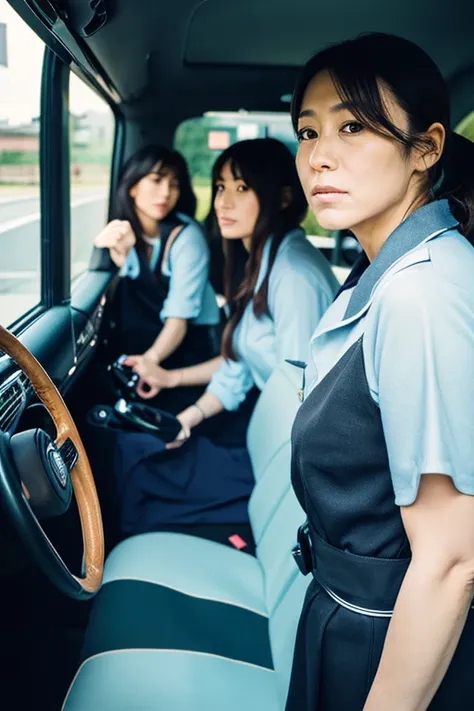 a group of women standing next to each other in front of a car, a picture, sōsaku hanga, police officer hit, 50 years old, 45 degrees from the side, countdown