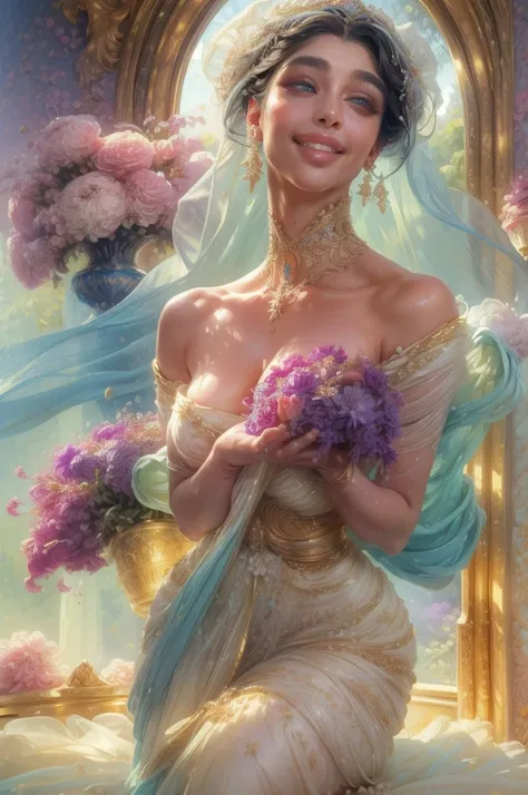 (highres, realistic:1.37), beautiful detailed eyes, beautiful detailed lips, longeyelashes, curvy figure, confident smile, elegant pose, vibrant colors, regency era, bokeh, oil painting style, soft lighting, romantic setting, blooming flowers, flowing dres...