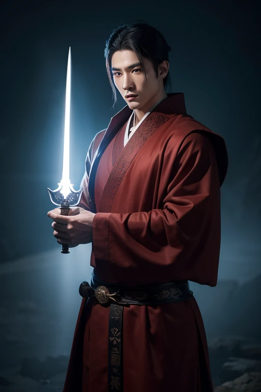 Background of fantasy novel Tiandao Immortal Mansion，male asian，monk role，star face，Face like jade，Handsome，Holding Xianyang Sword in hand，Cultivation robe，