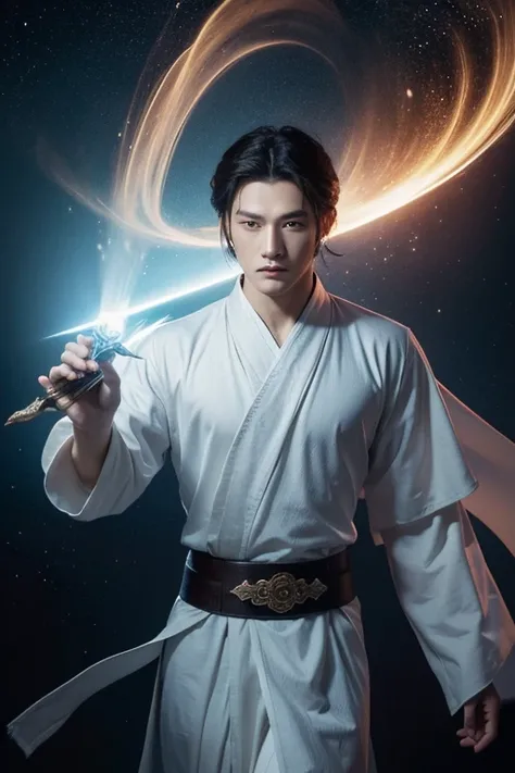 The background of the fantasy novel Tiandao Immortal Mansion，male asian，monk role，star face，Face like jade，Handsome，Holding Xianyang Sword in hand，Cultivation robe，front Photo，real texture，Fairy spirit hovering