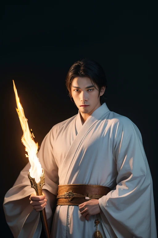 The background of the fantasy novel Tiandao Immortal Mansion，male asian，monk role，star face，Face like jade，Handsome，Holding Xianyang Sword in hand，Cultivation robe，front Photo，real texture，Fairy spirit hovering