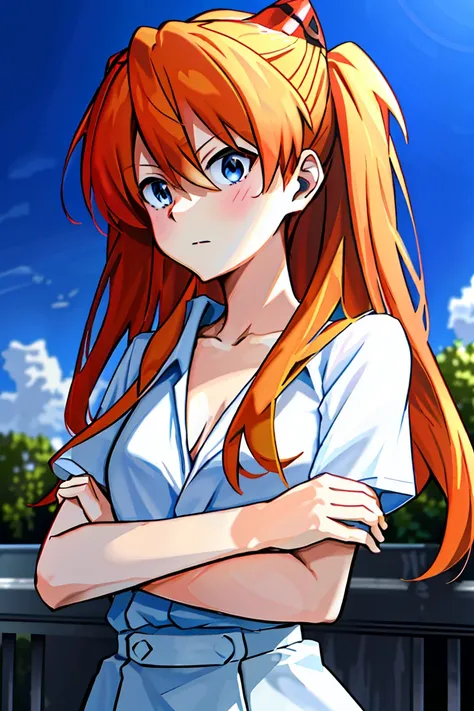 show your chest，Asuka，blue eyes, orange hair，sports late，White-collar blouse that exposes the breasts，EVANGELION asuka，anime manga girl,スカートをめくりあげ股間を見せるAsuka