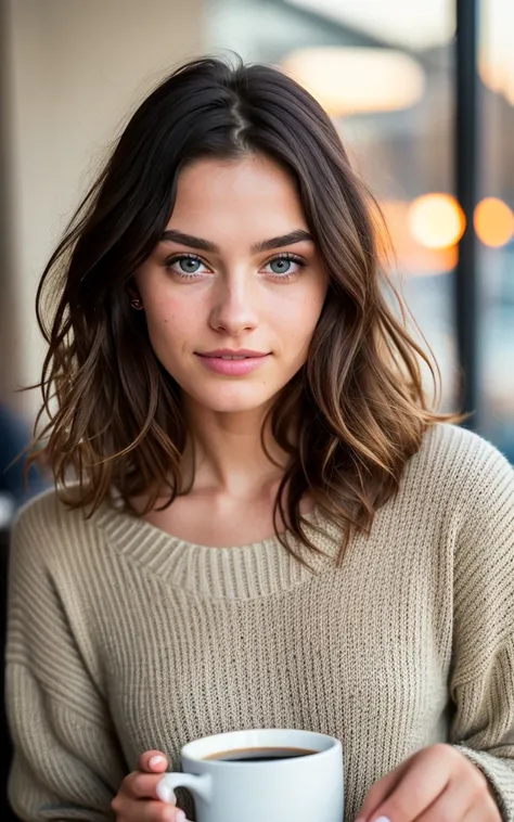 beautiful brunette wearing beige sweater (holding a cup of coffee inside a modern café at sunset), very detailed, 21 years old, innocent face, natural wavy hair, blue eyes, high resolution, masterpiece, best quality, intricate details, highly detailed, sha...