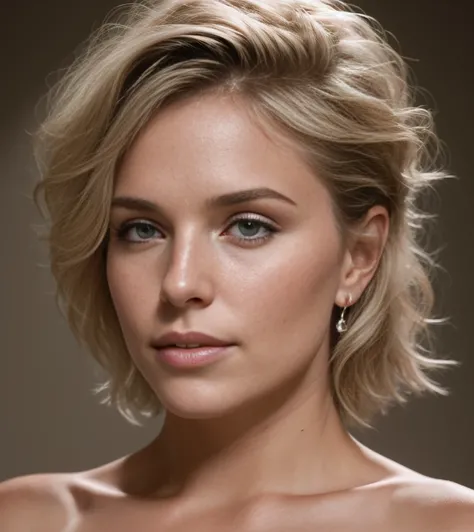 Generate a portrait photo of a beautiful 25 y.o. blonde female that achieves undoubted photorealism, rule of thirds, realistic perfect face,The skin have a complex texture map that includes pores, moles, fine lines, and slight variations in pigmentation, w...