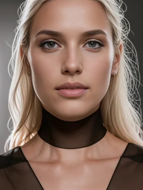 Generate a portrait photo of a beautiful 25 y.o. blonde female that achieves undoubted photorealism, rule of thirds, realistic perfect face,The skin have a complex texture map that includes pores, moles, fine lines, and slight variations in pigmentation, w...