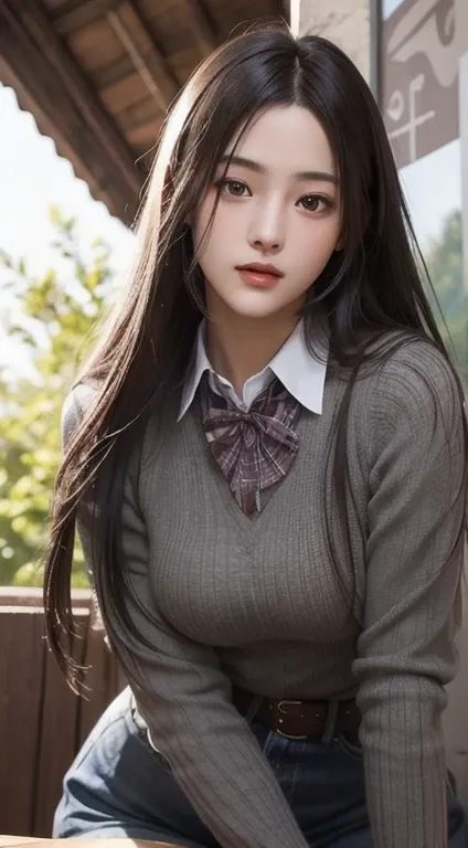 realistic, table top, highest quality, RAW photo, 1 girl, alone, long hair, brown hair, detailed face, fascinating face, From thigh up、collared shirt, medium breasts, dynamic pose, looking at the viewer, from below, detailed background, Detailed, intricate...