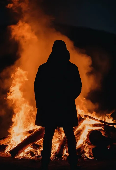 a silhouette shot of someone or something against the backdrop of a roaring bonfire, highlighting the contrast between the dark figure and the intense brightness of the fire