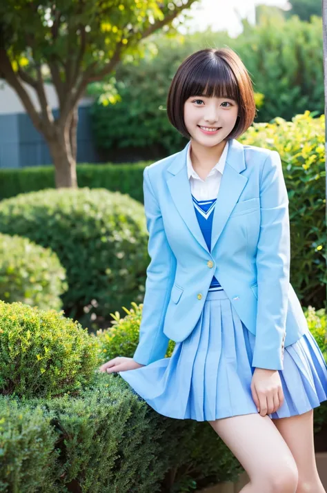 highest quality、masterpiece、High resolution、4K、real 18 year old woman、Light blue blazer、pleated mini skirt、garden、smile、high school girl、short hair、1 girl、