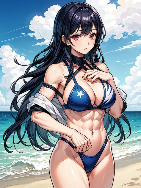 （（（masterpiece、Highest image quality、highest quality、highly detailed unity 8ｋwallpaper）））、（（Illustration of one girl））、（（（beautiful girl）））、（（black hair、Very Longhair、straight：1.2、red eyes））、（tall、stocky build, thickset physique, muscular legs, broad shoul...