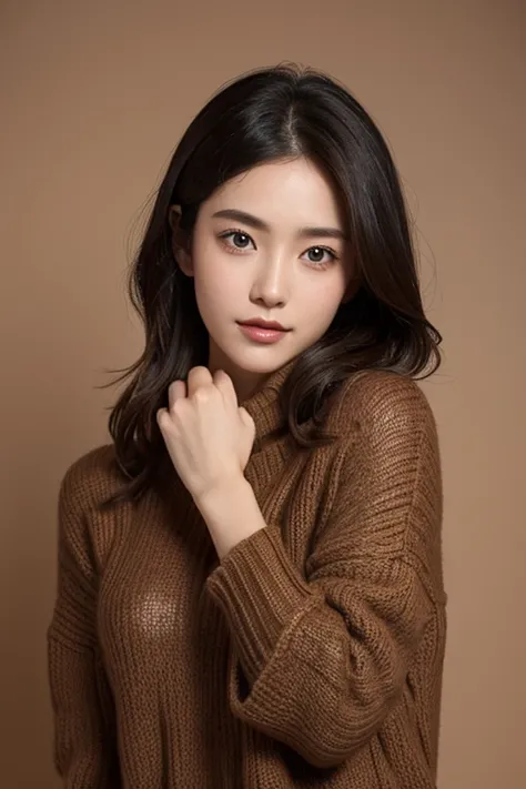 women beauy face Wear a sweater on brown background