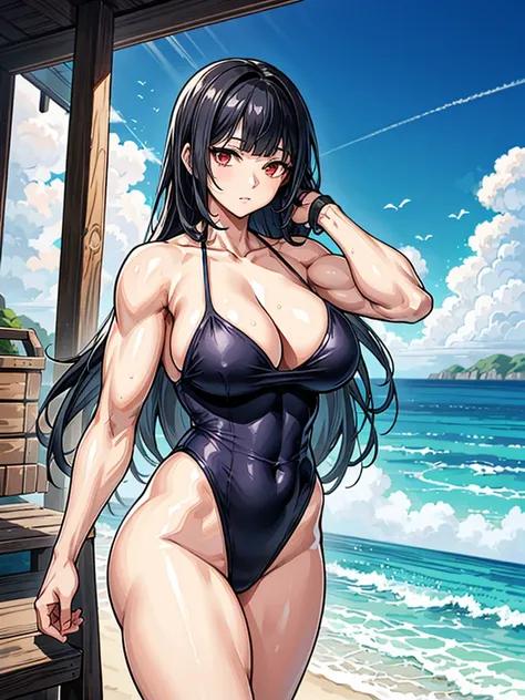 （（（masterpiece、Highest image quality、highest quality、highly detailed unity 8ｋwallpaper）））、（（Illustration of one girl））、（（（beautiful girl）））、（（black hair、Very Longhair、straight：1.2、red eyes））、（tall、stocky build, thickset physique, muscular legs, broad shoul...