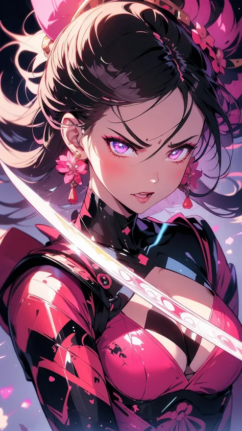 30 year old women, samurai clothes, holding katana, angry expression, pink lipstick, hanafuda earrings, dramatic pose, glowing neon colour theme, glowing background, masterpiece quality, UHD, super detailed eyes, super detailed image, High quality, High re...