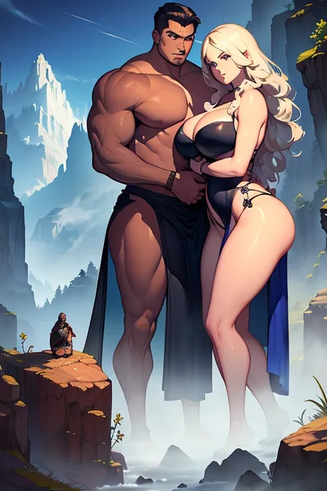 (SFW)Arte similar Jonh Buscema(absurdres, highres, ultra detalhado), 2others, casal, 1boy com 1girl, maduro, (Height difference1.3), cor de cabelo diferente, feliz, amor, (Hug), parte superior do corpo, menina de cabelo longo, cabelo loiro e preto, fantasi...