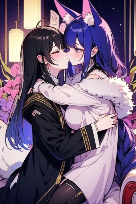 busty girl、two people、Bian、animal ears、Animal tail、lesbian kiss、,sitting on a chair、blush、Troubled face、Academy of Magic Uniform、gradation hair、、Elegant coat、Clothes with fur、Conspiracy look、Provocative facial expressions、mock、laugh together、　Various poses...