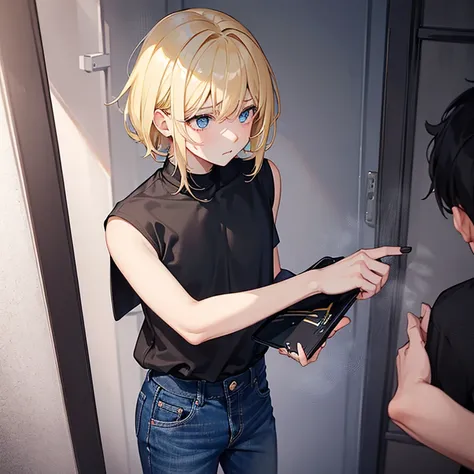 A boy halfway in transforming into a blonde girl, scared look, black shirt, blue jeans, girl variants of clothing, serounded by boys