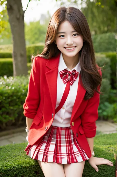 highest quality、masterpiece、High resolution、4K、real 18 year old woman、Red Blazer、pleated mini skirt、garden、smile、high school girl、medium long hair、1 girl、