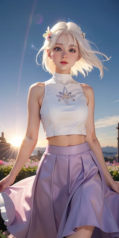 actual, 1 girl, white hair, purple eyes, glowing eyes, crop top, skirt, open, blush, night, flowers, sun, sunlight,