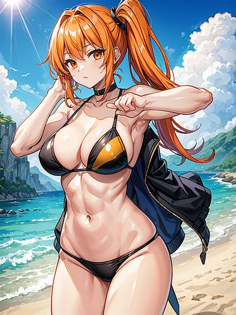 （（（masterpiece、Highest image quality、highest quality、highly detailed unity 8ｋwallpaper）））、（（Illustration of one girl））、（（（beautiful girl）））、（（orange hair、side ponytail、orange eyes））、（（（stocky build：1.2, thickset physique, muscular legs, broad shoulders, so...