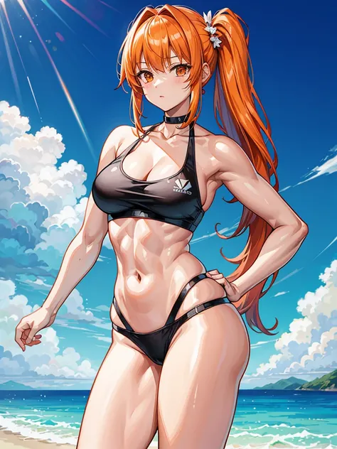 （（（masterpiece、Highest image quality、highest quality、highly detailed unity 8ｋwallpaper）））、（（Illustration of one girl））、（（（beautiful girl）））、（（orange hair、side ponytail、orange eyes））、（（（stocky build：1.2, thickset physique, muscular legs, broad shoulders, so...